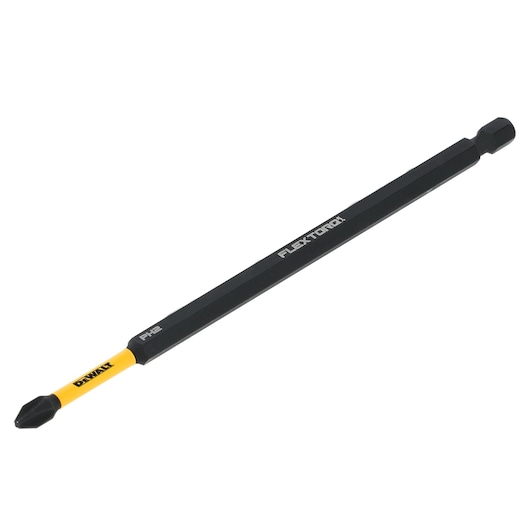 A DEWALT FlexTorq PH2 screwdriver bit, featuring a long black shaft with a yellow section near the tip, designed for use with power tools.