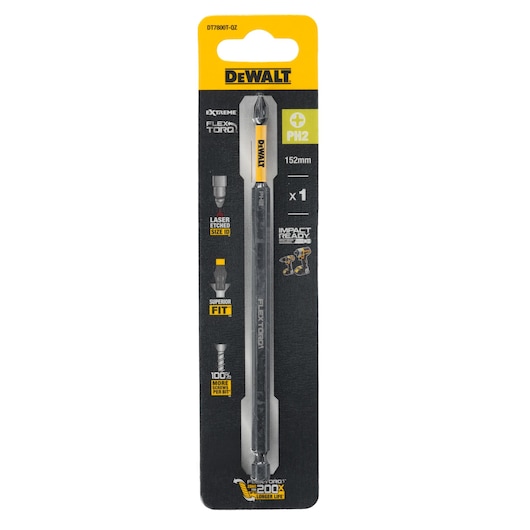 A packaged DEWALT DT7800T-XJ screwdriver bit, featuring a 152mm long PH2 Phillips head design. The packaging is black and yellow with details about 'Extreme FlexTorq', 'Laser Etched Size ID', 'Superior Fit', 'Impact Ready', and '200x longer life'.