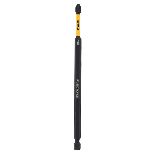 A DEWALT branded screwdriver bit with a black shaft and yellow accent near the tip. The bit is labeled FLEXTORQ PZ2.