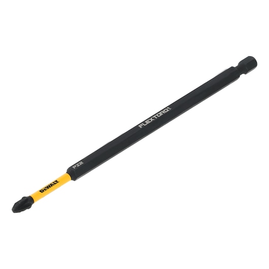A long, black and yellow DEWALT screwdriver bit labeled 'FLEXTORQ' and 'PZ2', designed for use in power tools.