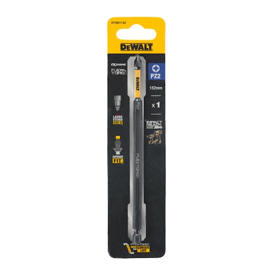 A packaged DEWALT DT7801T FlexTorq Extreme PZ2 screwdriver bit, 152mm length, designed for impact drivers. The packaging highlights features such as laser etched size ID, superior fit, and a long-lasting FlexTorq zone.