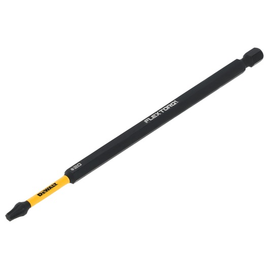 A DEWALT FlexTorq long screwdriver bit with a black and yellow design, shown against a white background. The bit features the DEWALT logo, as well as the marking '+20' near the tip.