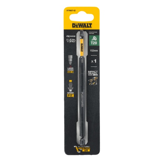 DEWALT DT7802T Extreme FlexTorq T20 screwdriver bit, 152mm in length, packaged in a black and yellow blister pack. The packaging highlights features such as laser etched size identification, superior fit, and impact ready design. The item is shown vertically inside the package.