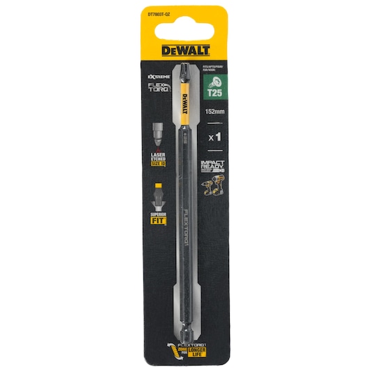 DEWALT DT7803T FlexTorq Extreme Impact Ready T25 screwdriver bit, 152mm length, packaged for retail display. The packaging features branding, product details, and technical specifications.