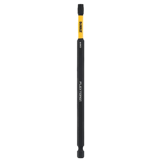 A DEWALT branded long black screwdriver bit with yellow detailing, labeled 'FLEXTORQ' and '#30', designed for use with power tools.