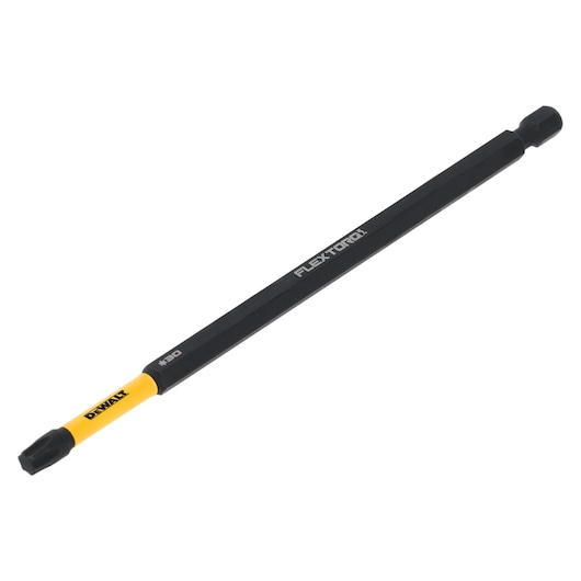 A DEWALT FLEXTORQ long screwdriver bit with a black and yellow design, used for fastening applications.