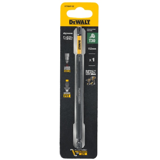 Packaged DEWALT DT7804T Impact Ready FlexTorq T30 screwdriver bit, 152mm length, shown on black and yellow branded card with product features highlighted.