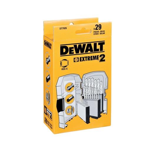 DEWALT DT7926 Extreme 2 drill bit set box, yellow, showing 29 pieces in a storage case on the package.