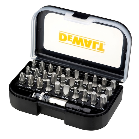 A DEWALT branded case containing a set of assorted screwdriver bits and a bit holder, displayed with the lid open.