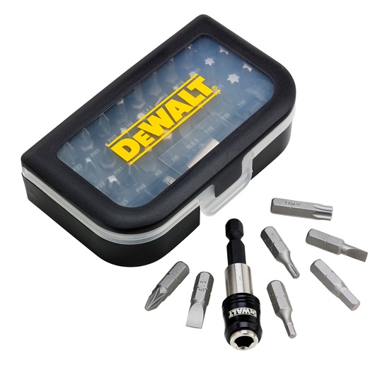 A DEWALT branded bit set in a rectangular black and clear case with yellow DEWALT logo on the lid. Several screwdriver bits and a bit holder are displayed outside the case.