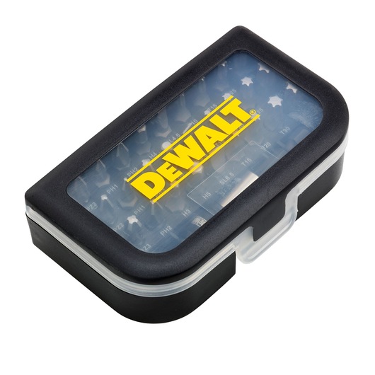 A DEWALT branded black plastic case with a transparent lid showing an assortment of screwdriver bits organized inside.