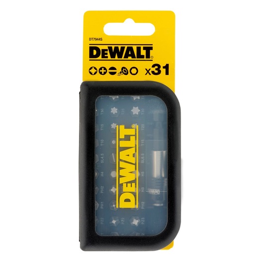 DEWALT DT7944S 31-piece screwdriver bit set in a black and yellow plastic case, showing assorted bits and a bit holder through a transparent window.