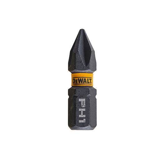 A single DEWALT branded screwdriver bit, type PH1, with a black finish and a yellow ring displaying the DEWALT logo.