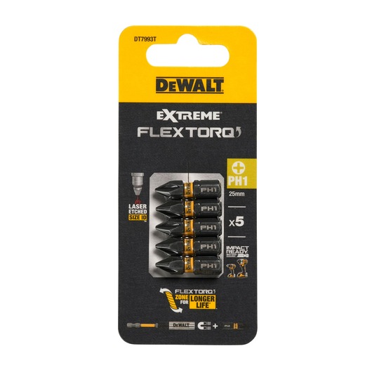 Packaging of DEWALT Extreme FlexTorq PH1 25mm screwdriver bits, SKU DT7993T, containing five bits. The packaging is black and yellow, highlighting features such as 'Laser Etched Size ID', 'Impact Ready', and 'Longer Life Zone'.