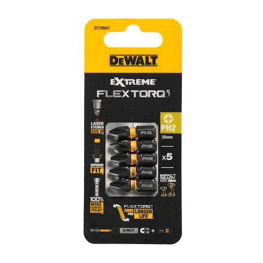 Pack of five DEWALT Extreme FlexTorq PH2 25mm screwdriver bits, shown in retail packaging. The packaging highlights features such as laser etched size, superior fit, longer life, and impact readiness. The bits are organized in a clear plastic section on a black and yellow card.