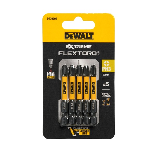 Front view of a DEWALT Extreme FlexTorq PH3 screwdriver bits pack containing five 57mm bits in yellow and black packaging. The product is labeled with features such as laser etched size ID, longer life, and 'impact ready'.