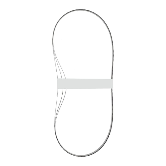 A set of thin metal bandsaw blades held together by a white band, arranged in an elongated oval shape on a white background.
