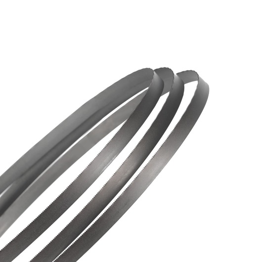 Close-up view of three metal band saw blades with fine teeth, coiled together against a white background.