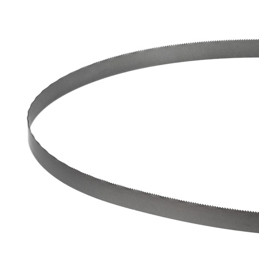 A close-up image of a metal band saw blade with fine teeth, shown in a circular shape against a white background.