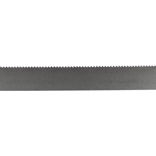 A close-up view of a DEWALT band saw blade, showing the metal blade with evenly spaced teeth along the edge.