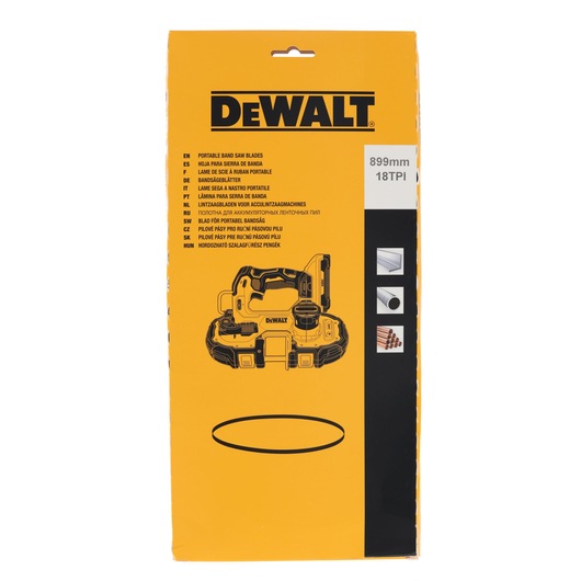 Front view of DEWALT DT8477-QZ portable band saw blade packaging in yellow and black, showing product information, specifications, multilingual descriptions, and an illustration of a portable band saw.