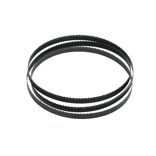 A DEWALT metal band saw blade with sharp teeth, coiled for storage. Suitable for cutting metal or wood.
