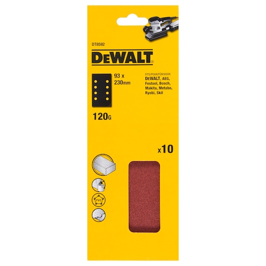 Front view of a yellow DEWALT package containing 10 sheets of 93 x 230 mm sanding paper, 120 grit. The packaging shows compatibility with several power tool brands and a small window revealing the sanding sheets inside.