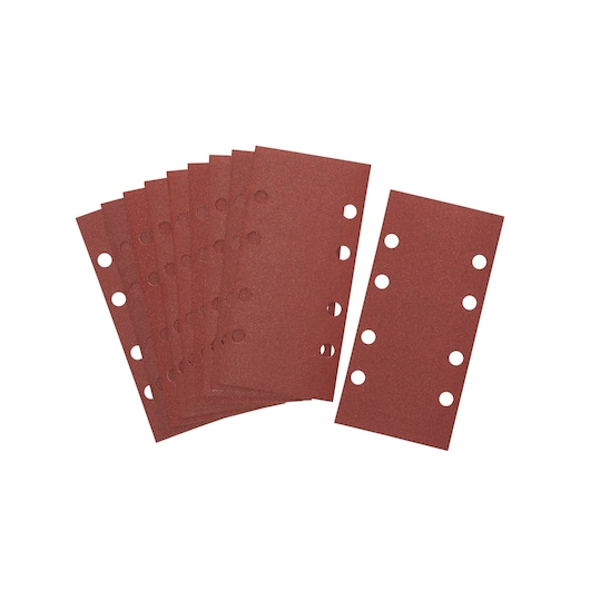 A set of rectangular brown sandpaper sheets, each with eight round holes arranged in two columns along the length.