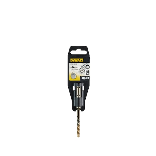A DEWALT DT8912 drill bit in its packaging, featuring a black and yellow label with product information and a visible metal drill bit designed for SDS plus rotary hammer drills.