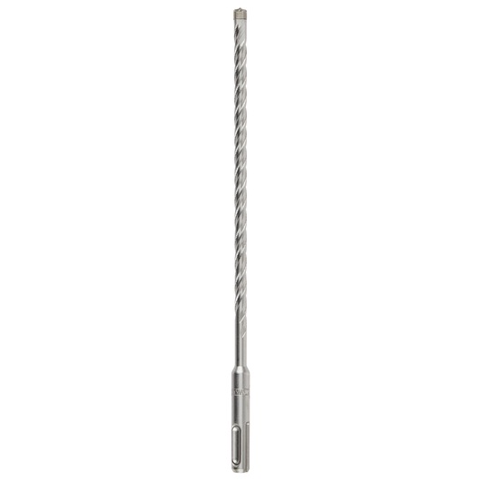 A long, silver DEWALT masonry drill bit with spiral flute and SDS shank, shown vertically against a white background.