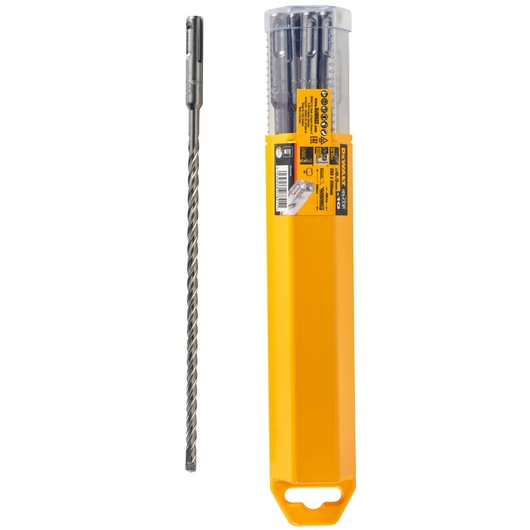 A DEWALT DT8961 masonry drill bit set in yellow plastic packaging with a transparent lid. One long, grey, spiral drill bit is displayed next to the closed package containing several more bits.