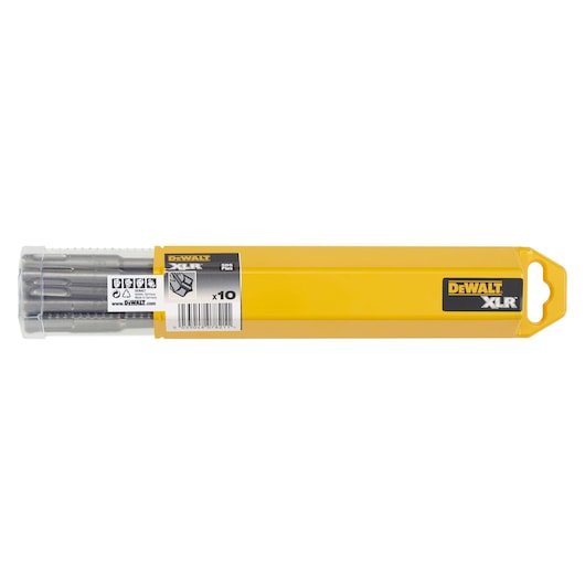 DEWALT XLR drill bit set in a yellow rectangular plastic container with clear lid, showing ten drill bits and product label on the side.