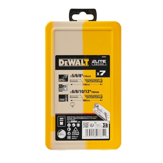DEWALT DT8976 Elite Series drill bit set in yellow box, contains 7 pieces with sizes listed on the packaging.