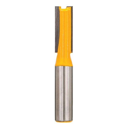 A close-up image of a DEWALT straight router bit with a yellow coating and a silver shank, used for woodworking.