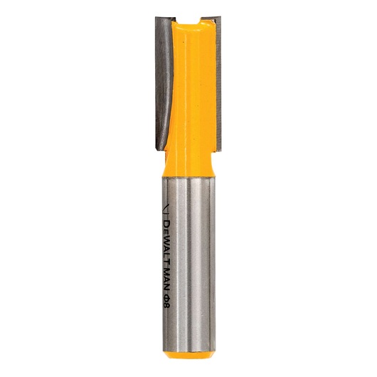 A DEWALT branded straight router bit with a yellow shank and silver body, shown against a white background.
