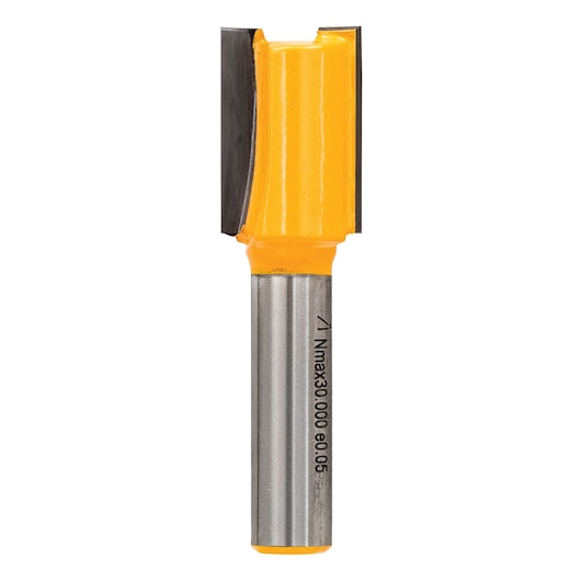 A DEWALT woodworking router bit with a yellow-coated cutting edge and a metal shaft, displayed against a white background.