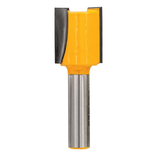 A DEWALT woodworking router bit with a yellow body and silver shank, designed for cutting and shaping wood.