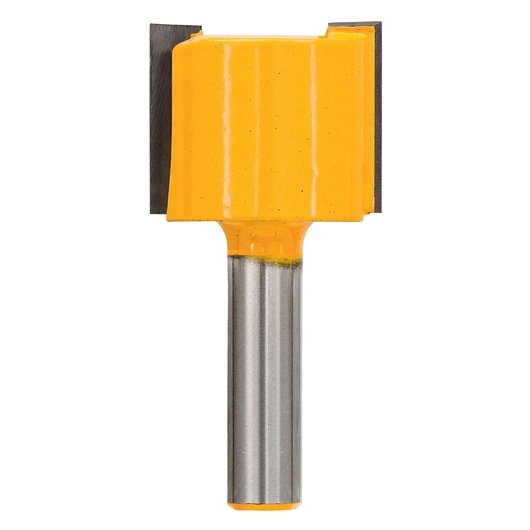 A close-up of a DEWALT woodworking router bit with a cylindrical steel shaft and a yellow-coated cutting edge.