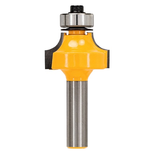 A DEWALT router bit with a yellow body and metal shaft, featuring a bearing at the top. The bit is designed for woodworking and has sharp cutting edges.