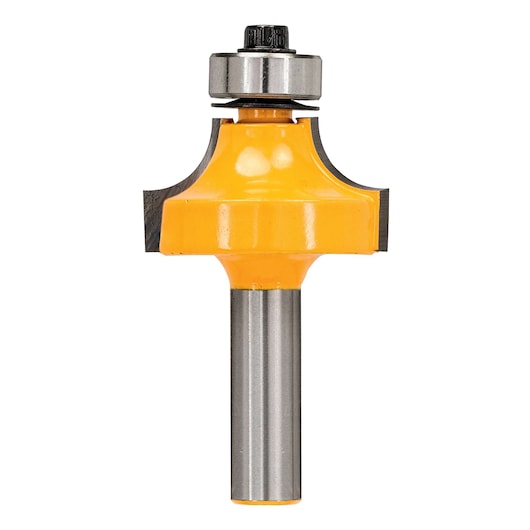 A close-up image of a DEWALT router bit with a yellow body, silver cutting edges, and a ball bearing on top, used for woodworking and shaping edges.