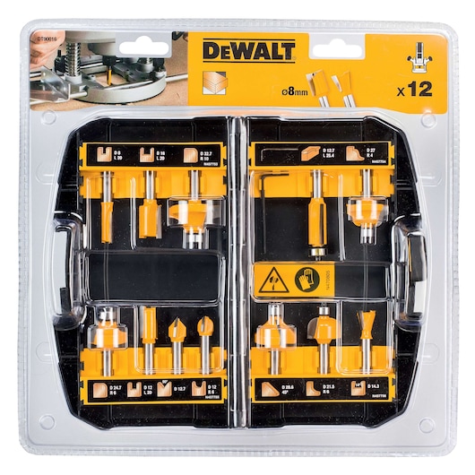 Packaged set of 12 DEWALT router bits with 8mm shank, displayed in a plastic case. The packaging features DEWALT branding and labels for each bit, suitable for woodworking tasks.