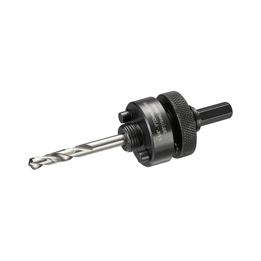 A DEWALT DT90368 hole saw arbor assembly with pilot drill bit. The product is made of metal and features a hex shank, suitable for attaching to power drills.