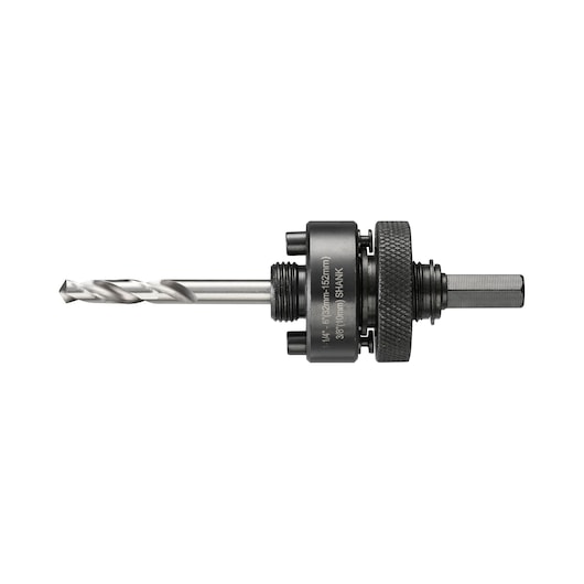 A DEWALT hole saw arbor with a pilot drill bit and a shank, designed for connecting hole saws to power drills.
