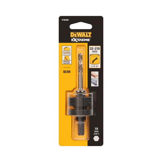 DEWALT Extreme BiM hole saw arbor with split point, shown in retail packaging. Suitable for use with hole saws sized 32-210 mm (1-1/4'' to 8'').