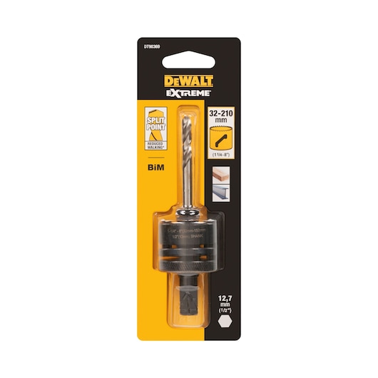 DEWALT DT90369 Extreme hole saw arbor with split point for wood and metal, 12.7mm shank, in retail packaging.