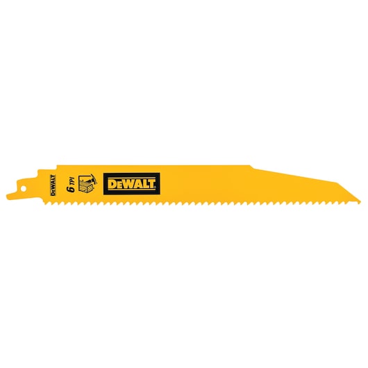 A yellow DEWALT reciprocating saw blade with 6 teeth per inch, featuring serrated edges and DEWALT branding.