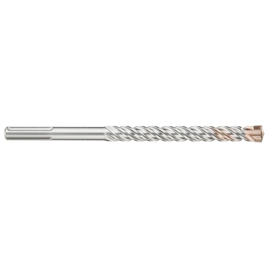 Silver DEWALT SDS drill bit with spiral body and copper tip, shown horizontally on a white background.
