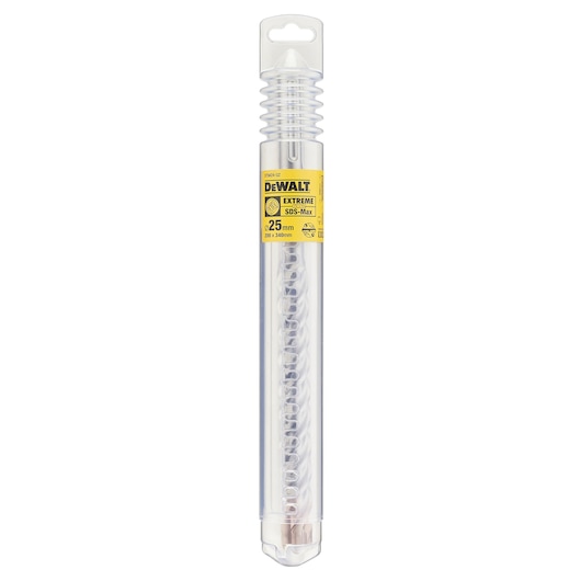 DEWALT SDS-Max drill bit in clear plastic tube with yellow label, 25mm diameter, product DT9424.