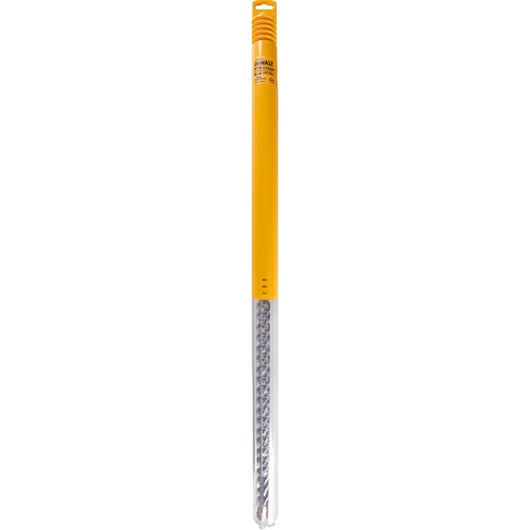 A DEWALT branded package containing a long masonry drill bit with a yellow top and clear bottom section, showing the spiral design of the bit.