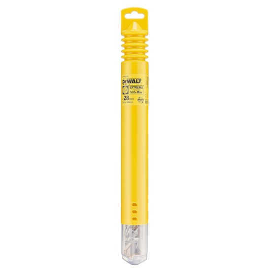 A yellow DEWALT Extreme SDS-Max drill bit in its cylindrical plastic packaging, with a label indicating 28mm diameter and visible bit inside the transparent section at the bottom.